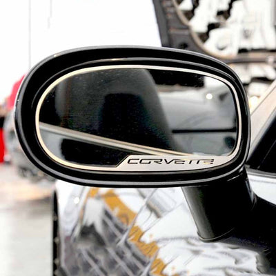 2005-2013 C6 Corvette - CORVETTE Style Side View Mirror Trim 2Pc [Standard] - Brushed Stainless