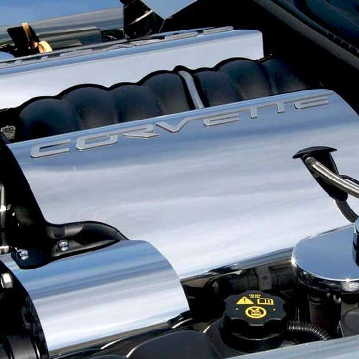 2005-2007 C6 Corvette - Fuel Rail Covers w/CORVETTE script | Polished Stainless Steel
