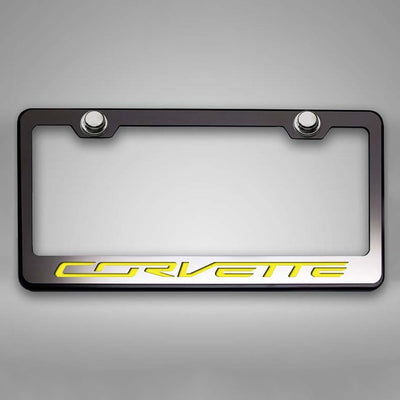 Corvette C7 Stingray - License Plate Frame CORVETTE Lettering - Black Base w/Brushed Top Plate