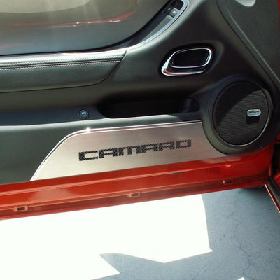 2010-2015 Camaro - Door Panel Kick Plates 'CAMARO' 2Pc - Brushed Stainless