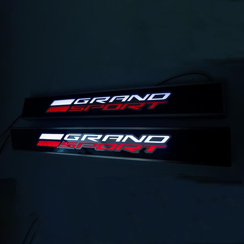 2014-2019 C7 Corvette - Light Up GRAND SPORT Replacement Door Sills 2Pc - Carbon Fiber w/Stainless Trim