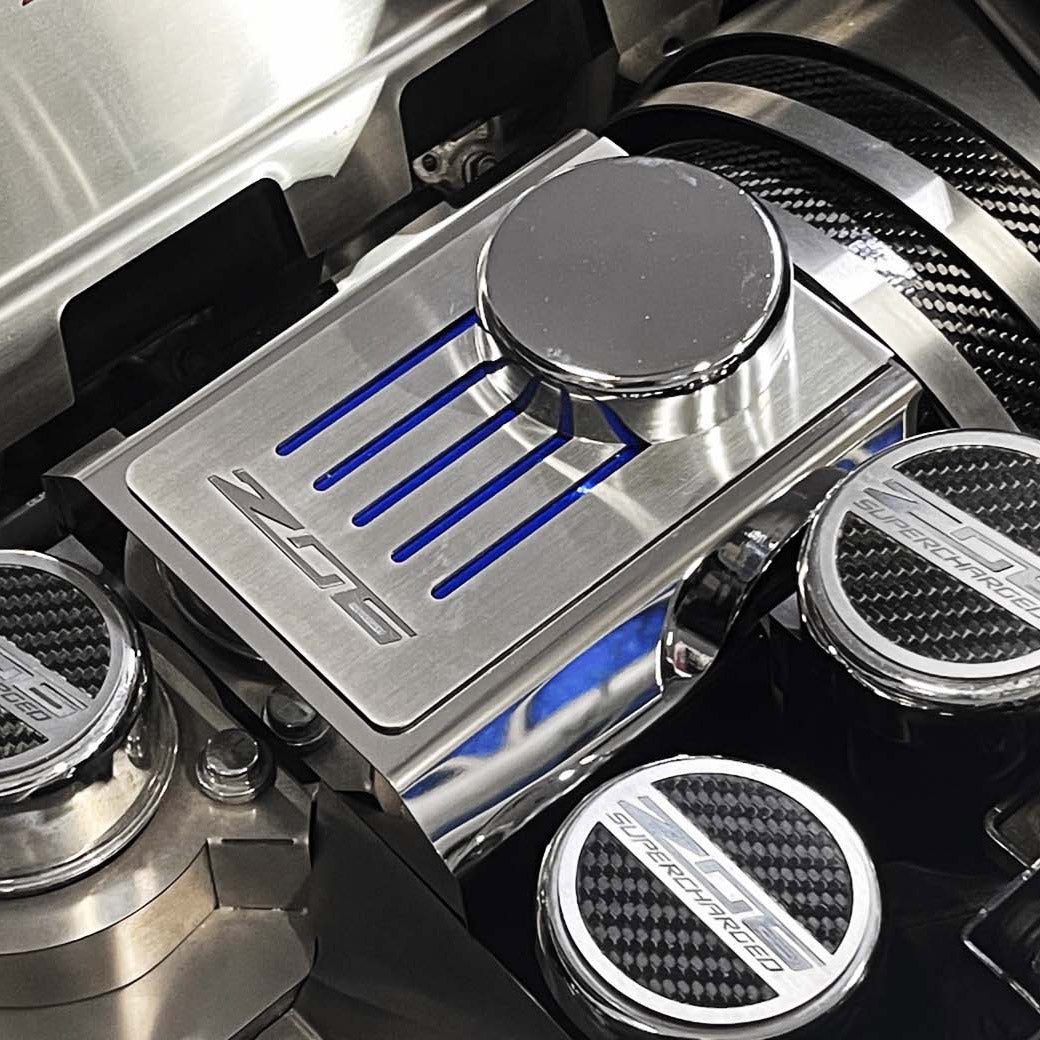 2014-2019 C7 Z06 Corvette Master Cylinder Cover Manual Polished Stainless w/Brushed Ribbed Top Plate Z06 Font Style Black Carbon Fiber