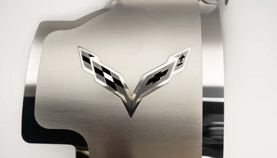 2014-2019 C7 Corvette - Alternator Cover Crossed Flags Emblem - Stainless Steel