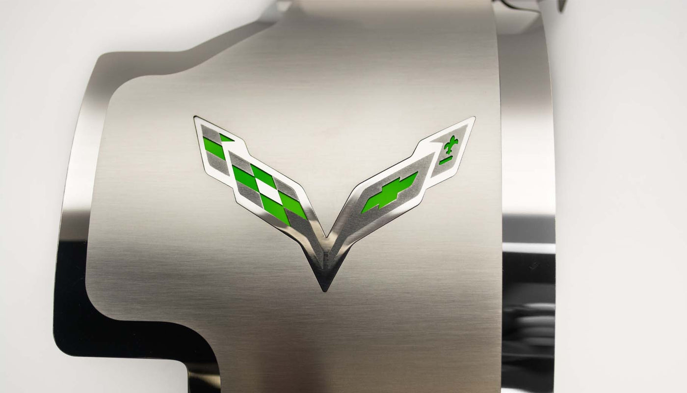 2014-2019 C7 Corvette - Alternator Cover Crossed Flags Emblem - Stainless Steel