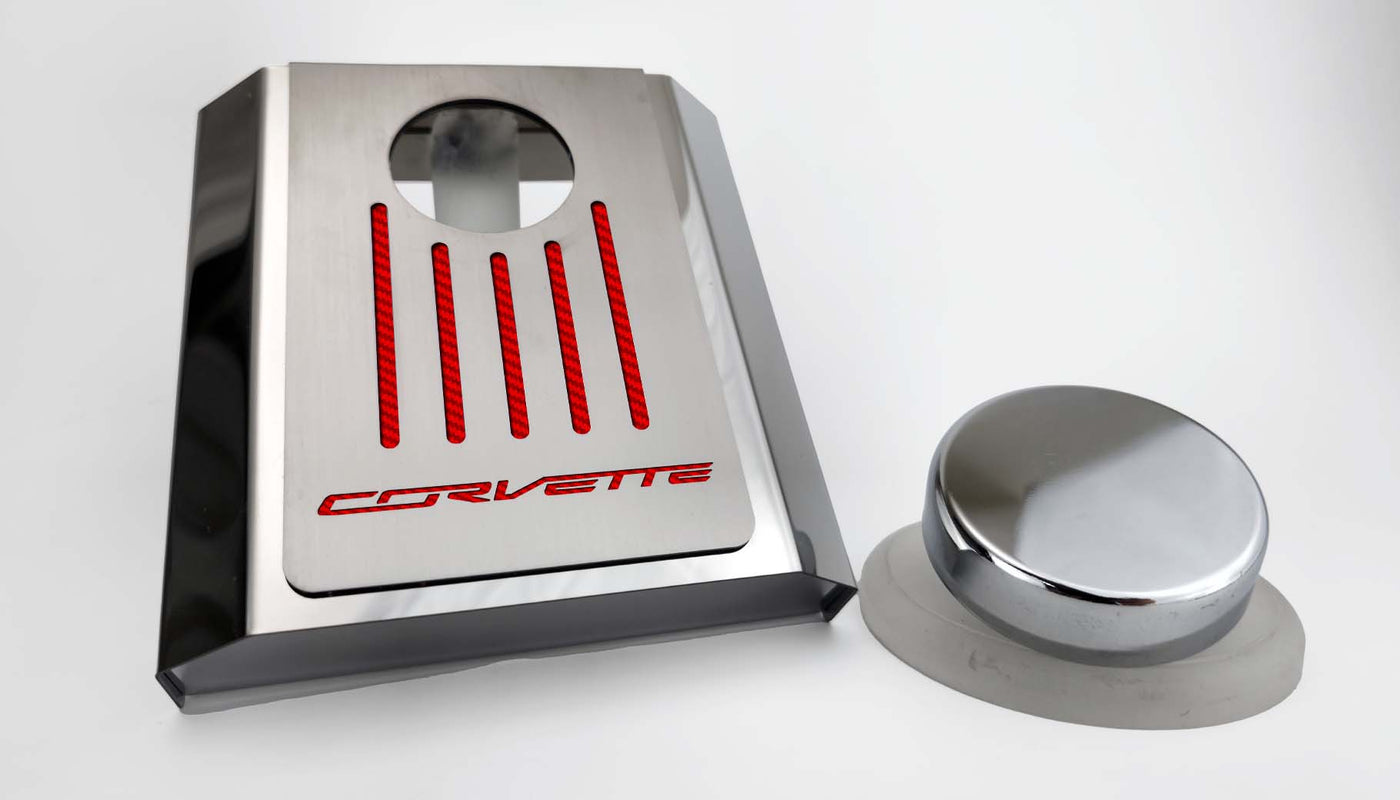 2014-2019 C7 Corvette Master Cylinder Cover Manual Polished Stainless w/Brushed Ribbed Top Plate Corvette Style Black Carbon Fiber