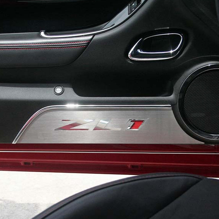 2012-2015 Camaro ZL1 - Door Panel Kick Plates 'ZL1' Polished Lettering 2Pc - Brushed Stainless Steel