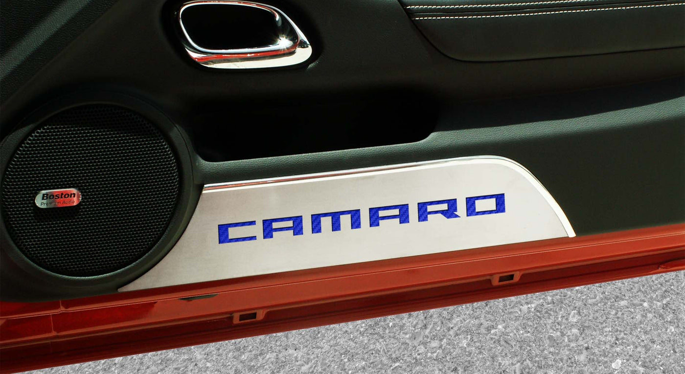 2010-2015 Camaro - Door Panel Kick Plates 'CAMARO' 2Pc - Brushed Stainless