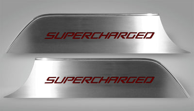 2010-2015 Camaro - Door Panel Kick Plates 'SUPERCHARGED' 2Pc - Brushed Stainless