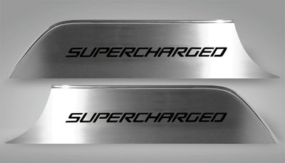 2010-2015 Camaro - Door Panel Kick Plates 'SUPERCHARGED' 2Pc - Brushed Stainless