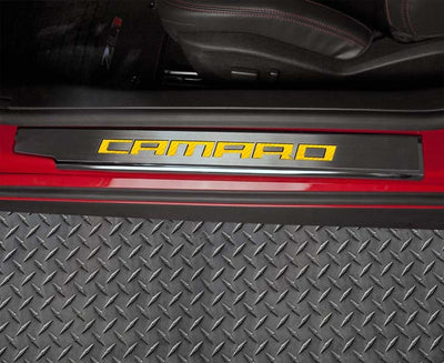 2010-2015 Camaro - Executive Series 'CAMARO' Door Sills | Brushed Stainless, Choose Inlay Color