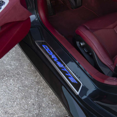 2020-2024 C8 Corvette - Replacement Door Sills Carbon Fiber w/Brushed Stainless Steel 'Corvette' Style Insert Illuminated - LED