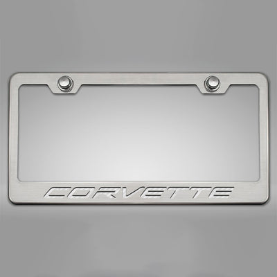 2020-2024 C8 Corvette - CORVETTE Style License Plate Frame - Brushed Stainless