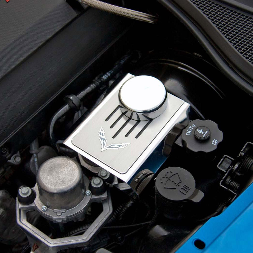 2014-2019 C7 Corvette Master Cylinder Cover Manual Polished Stainless w/Brushed Ribbed Top Plate Corvette Flag Style Black Carbon Fiber