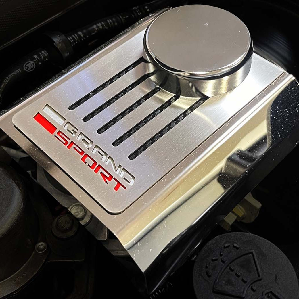 2014-2019 C7 Corvette Master Cylinder Cover Automatic Polished Stainless w/Brushed Ribbed Top Plate Grand Sport Style