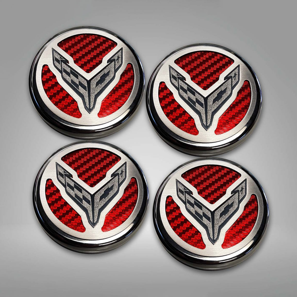 2020-2024 C8 Corvette Coupe - Cap Cover Set 4pc Carbon Fiber Inserts with Stainless Crossed Flags Logo - Polished/Brushed Finish