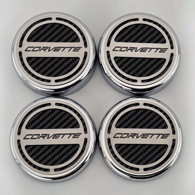 2020-2024 C8 Corvette Coupe - Cap Cover Set 4pc Carbon Fiber Inserts with Stainless Corvette Logo - Polished/Brushed Finish