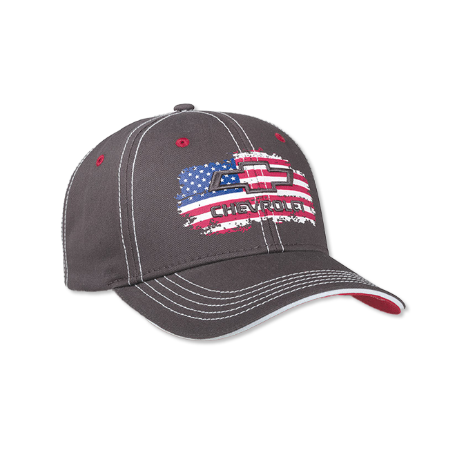 Chevy Bowtie Gray Twill Flag Hat W/ Red Visor