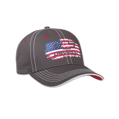 Chevy Bowtie Gray Twill Flag Hat W/ Red Visor